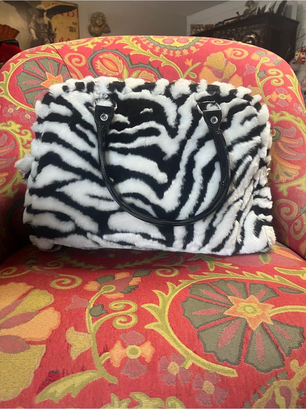 Faux Zebra Print Faux-Fur Tote Bag in Black and White